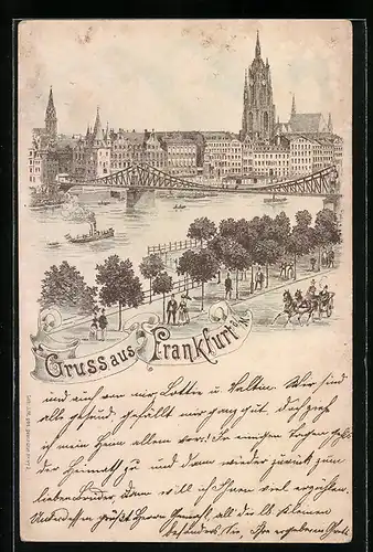 Lithographie Frankfurt /Main, Panorama mit Mainbrücke und Dom