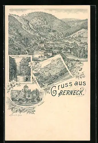 Lithographie Berneck, Ruine Stein, Jägersteg, Colonnade, Ortspanorama
