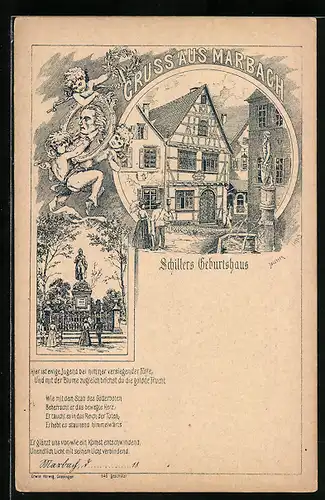 Lithographie Marbach, Blick auf Schillers Geburtshaus