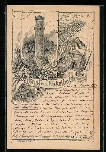 Lithographie Ilmenau, Restaurant Sabelbach, Goethehäuschen, Turm auf dem Kickelhahn