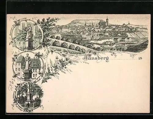 Lithographie Annaberg, Totalansicht, Luther-Denkmal, Barbarossa-Denkmal