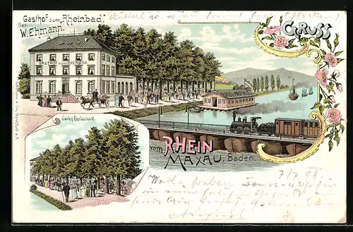 Lithographie Maxau / Baden, Gasthau Zum Rheinbad mit Garten, Eisenbahn auf der Rheinbrücke