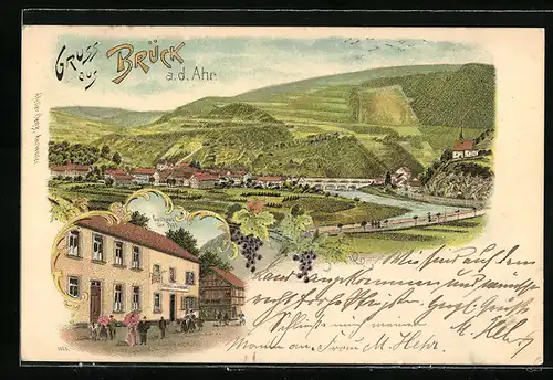 Lithographie Brück, Panorama a. d. Ahr, Gasthaus zur Post