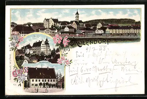 Lithographie Aulendorf, Schloss & Haushaltungsschule, Totalansicht