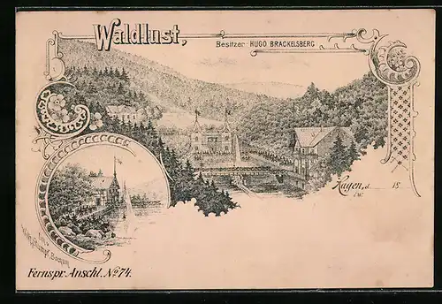 Lithographie Hagen, Gasthaus Waldlust von H. Brackelsberg