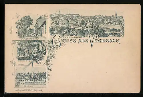 Lithographie Vegesack, Marktplatz, Spinnerei und Hafenhaus