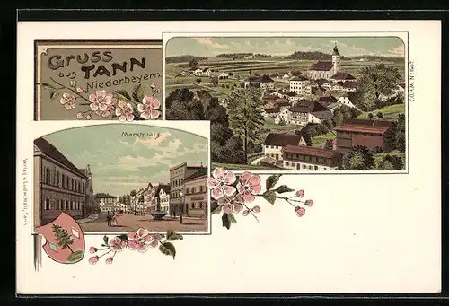 Lithographie Tann /Niederbayern, Marktplatz, Ortsansicht aus der Vogelschau