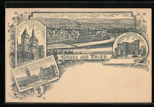 Lithographie Trier, Der Dom, Marktplatz und Porta Nigra