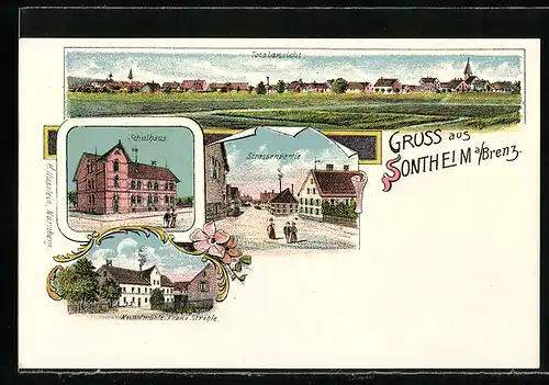 Lithographie Sontheim a. Brenz, Kunstmühle von Franz Ströhle, Strassenpartie, Schulhaus