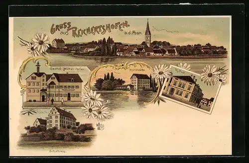 Lithographie Reichertshofen, Gasthof Müller-Bräu, Kunstmühle und K. Post
