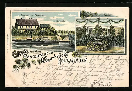 Lithographie Holzminden, Restaurant zur Weserbrücke von Chr. Böndel, Weinzelt