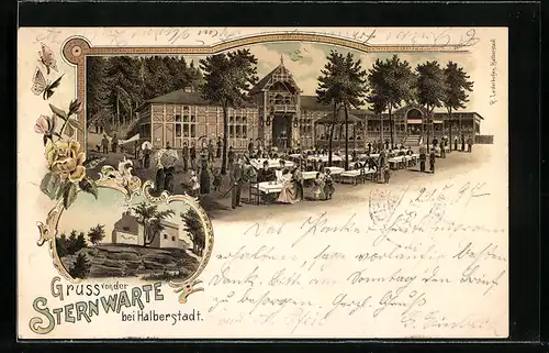 Lithographie Halberstadt, Gasthaus zur Sternwarte mit Garten