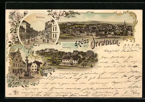 Lithographie Ottweiler, Wilhelmstrasse, Seminarstrasse und Schlossbrunnen