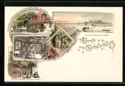 Lithographie Nürnberg-Grossreuth, Lutzsches Kaffeehaus, Wanderer am Brunnen, Gäste bei Rückkehr nach Nürnberg