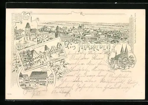 Lithographie Herrieden, Südl. Marktplatz, Gasthof zum Hirschen, Pfarrkirche