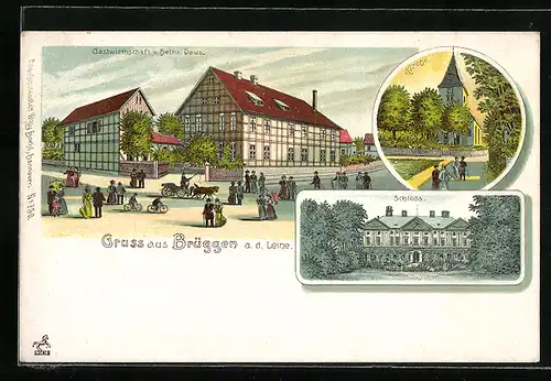 Lithographie Brüggen /Leine, Gasthaus von Heinrich Daus, Kirche, Schloss