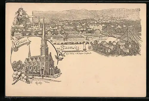 Lithographie Dresden-Blasewitz, Kirche, Ortsansicht mit dem blauen Wunder und der Elbe