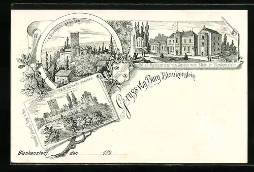 Lithographie Blankenstein, Hotel-Restaurant von Gustav vom Stein jr, Burg b. d. Südseite & Nordseite gesehen