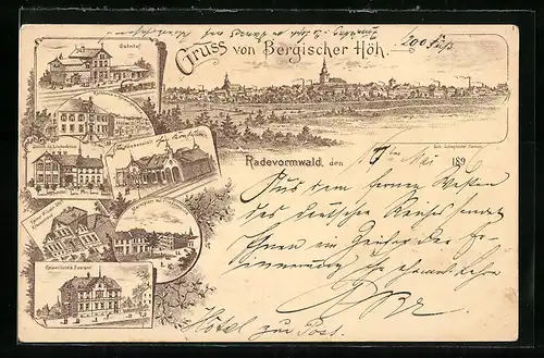 Lithographie Radevormwald, Bahnhof, Kaiserliches Postamt, Gasanstalt und Schule zu Lindenbaum