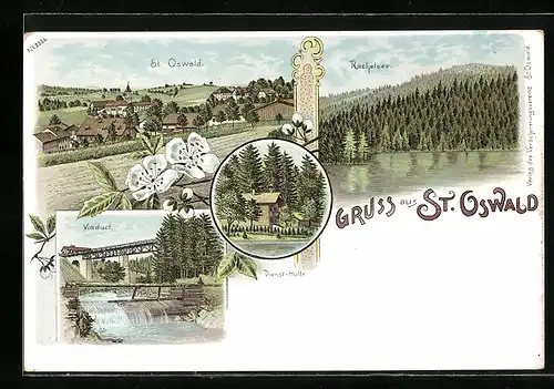 Lithographie St. Oswald, Ortsansicht, Rachelsee, Viaduct, Dienst-Hütte