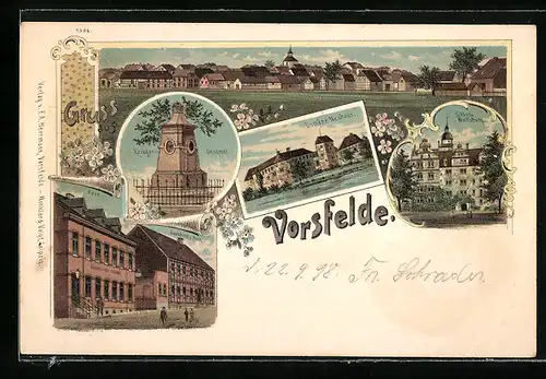 Lithographie Vorsfelde, Gasthof zur Post und Post, Domäne Neuhaus, Kriegerdenkmal