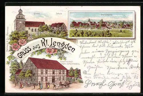 Lithographie Kl. Lengden, Gasthaus von Herm. Schachtebeck, Schule und Kirche