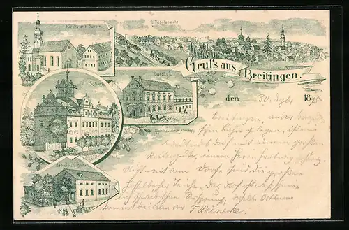 Lithographie Breitingen, Bahnhofsrestaurant, Gasthof, Schloss