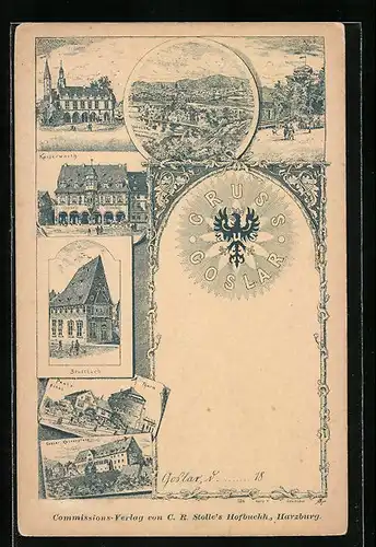 Lithographie Goslar, Pauls Hotel und Thurm, Kaiserpfalz, Brusttuch