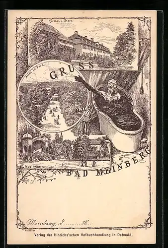 Lithographie Bad Meinberg, Kursaal und Hotel Stern, Musikhalle, Gruss aus dem Moorbad