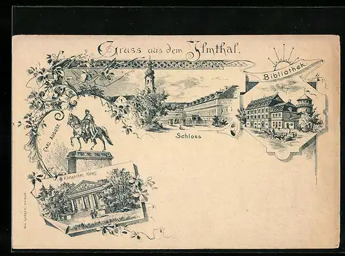 Lithographie Weimar, Schloss, Bibliothek, Römisches Haus