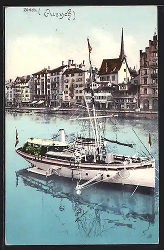 AK Zürich, Uferpartie mit Boot