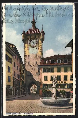 AK Baden, Stadtturm mit Hotel Engel und Brunnen