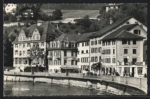 AK Baden, Ortspartie am Hotel National und Hotel & Bains du Cerf