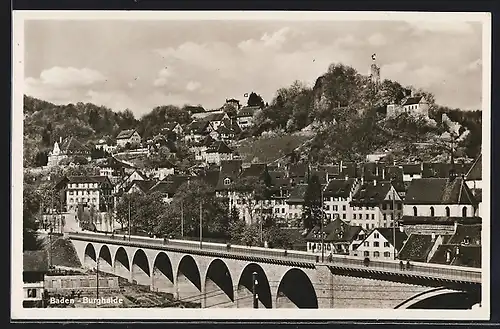 AK Baden-Burghalde, Ortsansicht mit Brücke