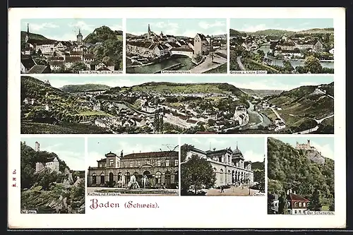 AK Baden, Ortsansicht, Kurhaus mit Fontaine, Schartenfels