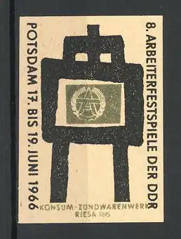Reklamemarke Konsum-Zündwarenwerk Riesa, Potsdam, 8. Arbeiterfestspiele der DDR 1966, Messelogo Tafel