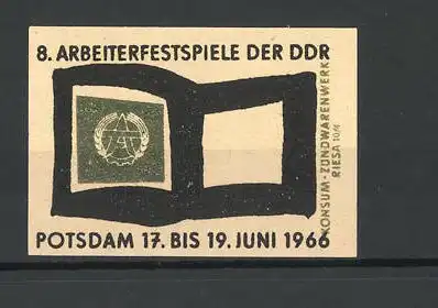 Reklamemarke Konsum-Zündwarenwerk Riesa, Potsdam, 8. Arbeiterfestspiele der DDR 1966, Messelogo Buch