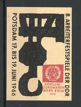 Reklamemarke Konsum-Zündwarenwerk Riesa, Potsdam, 8. Arbeiterfestspiele der DDR 1966, Messelogo