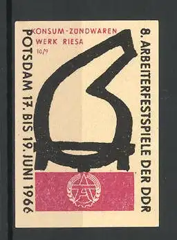 Reklamemarke Konsum-Zündwarenwerk Riesa, Potsdam, 8. Arbeiterfestspiele der DDR 1966, Messelogo