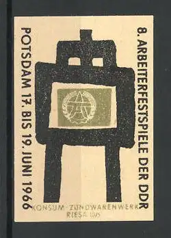 Reklamemarke Konsum-Zündwarenwerk Riesa, Potsdam, 8. Arbeiterfestspiele der DDR 1966, Messelogo Staffelei