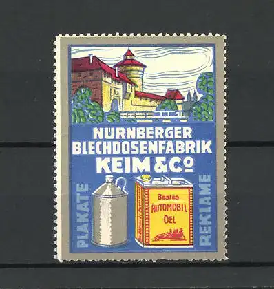 Reklamemarke Nürnberger Blechdosenfabrik Keim & Co., Schloss, Dose und Atomobil-Öl-Kanister