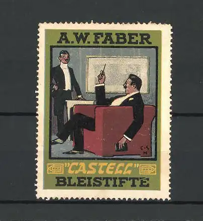 Künstler-Reklamemarke Castell Bleistifte, A. W. Faber, zwei Herren im Gespräch
