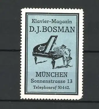 Reklamemarke Klavier-Magazin, D. J. Bosman, Sonnenstrasse 13, München, nackter Bube spielt Klavier