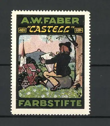 Künstler-Reklamemarke Castell Farbstifte, A. W. Faber, Maler zeichnet die Stadt vom Stadtrand aus