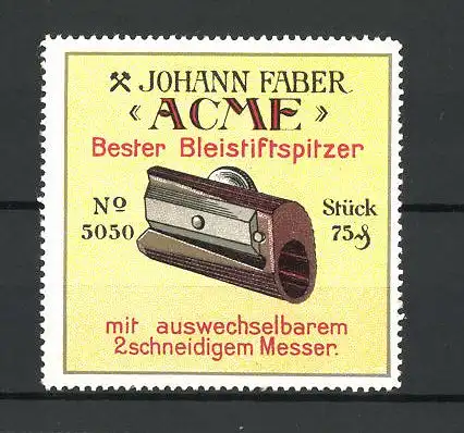 Reklamemarke Acme Bleistiftspitzer, Johann Faber, Ansicht eines Bleistiftanspitzers