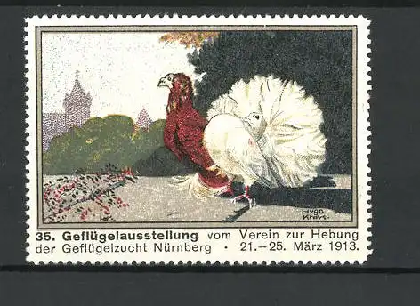 Künstler-Reklamemarke Hugo Kraus, Nürnberg, 35. Geflügelausstellung 1913, zwei Vögel am Stadtrand