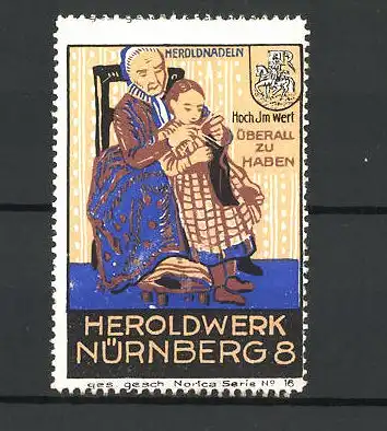 Reklamemarke Heroldnadeln, Heroldwerk Nürnberg, Grossmutter strickt mit Enkelin