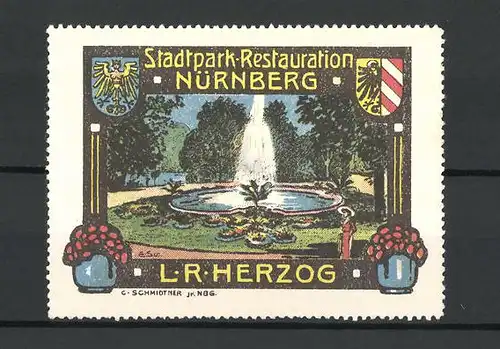 Reklamemarke Nürnberg, Stadtpark-Restauration, Inh. L. R. Herzog, Ansicht des Parkbrunnens