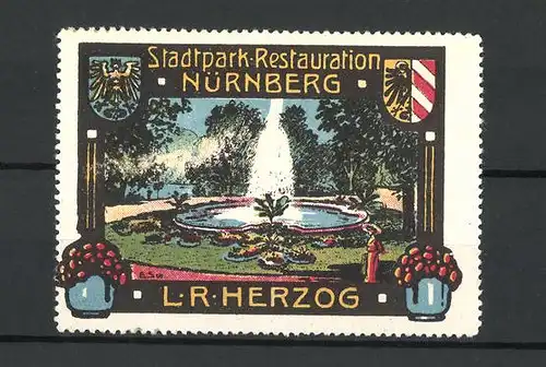 Reklamemarke Nürnberg, Stadtpark-Restauration, Inh. L. R. Herzog, Ansicht des Parkbrunnens