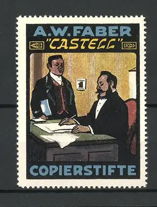 Reklamemarke Castell Copierstifte, A. W. Faber, zwei Herren am Schreibtisch